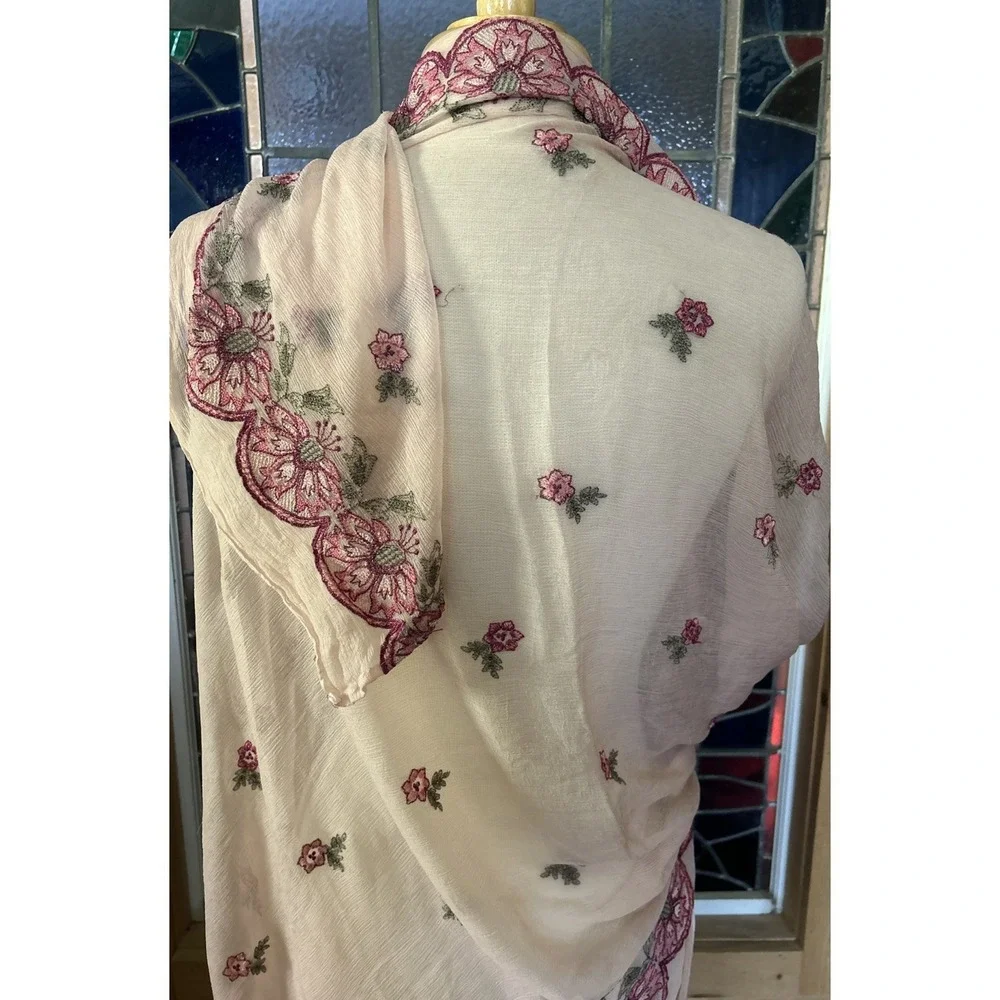 Pink Silk Sheer Embroidered Scarf Shawl Wrap 36